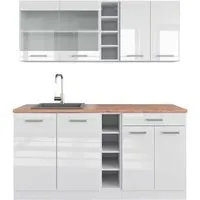 Vicco R-Line Singleküche Weiß Hochglanz 160 cm mit Eiche Arbeitsplatte - Küchenzeile für platzsparende Lösungen in Wohnungen oder WGs, individuell gestaltbar mit modularen Erweiterungen und ergonomischer Arbeitsplatte.