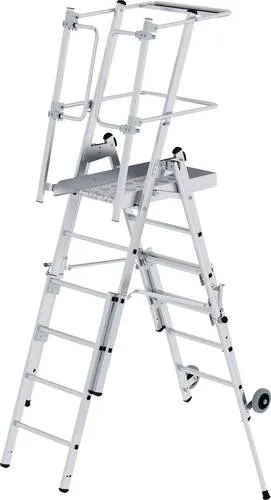 MUNK FlexxStep plus mit Teleskopaufsatz - Aluminium Plattformleiter, höhenverstellbar und treppengängig, ideal für sicheres Arbeiten mit Handlauf und selbstschließender Sicherheitstüre.