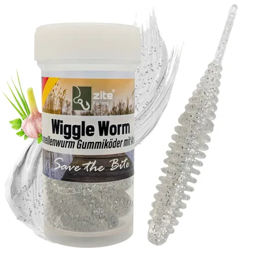 Zite Fishing Wiggle Worm Transparent Silber Glitter Knoblauch 5,5 cm 10 Stück