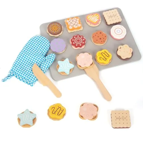 WOODENFUN Hölzernes Plätzchen Spiel Essen Set für Kinder, Küchenzubehör Lebensmittel Spielzeug für Kleinkinder, vorgeben Spiel Scheiben und Backen Geschenk für 3 4 5 Jahre alte Mädchen Jungen(Cookie)
