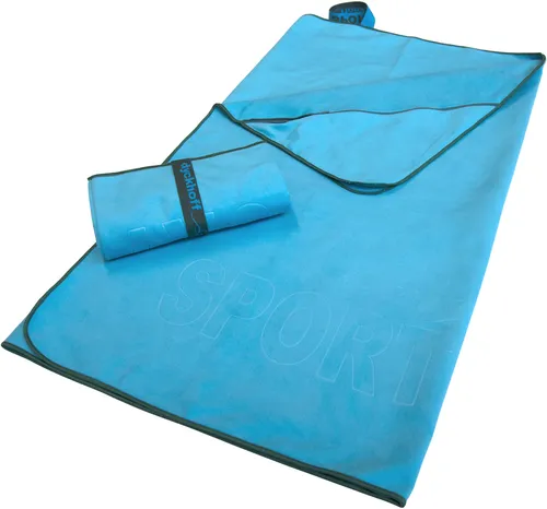 Dyckhoff Sporthandtuch 80 x 180 cm – Mikrofaser in karibik-blau - Praktisches Sporthandtuch aus weichen Mikrofasern, schnelltrocknend und saugstark. Mit Aufhängeschlaufe und Reißverschlusstasche für Wertsachen. Ideal für Fitness, Camping und Outdoor.