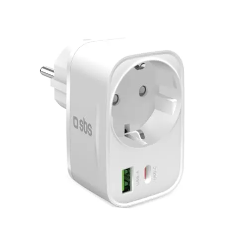 SBS Mehrfachsteckdose Netzteil 20W USB-C USB-A, Schuko Pass-Through, Power Delivery (PD) 20W, Schnellladen, USBC und USBA Ladegerät, Handy Ladegerät für iPhone, Samsung und Tablet, Weiß