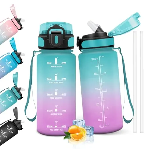 HoneyHolly Trinkflasche 500ML, Auslaufsicher, Trinkflasche Kohlensäure Geeignet, Wasserflasche BPA-Frei, Sportflasche mit Strohhalm, Water Bottle für Kinder, Schule, Büro