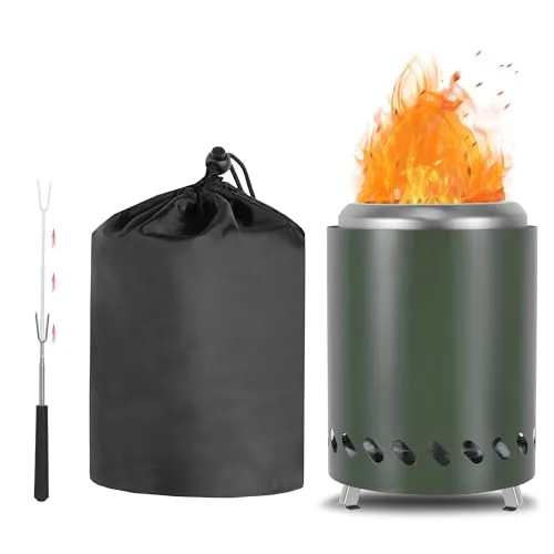 CAMPORG Rauchfreie Feuerstelle für Camping, Edelstahl Tischkamin, Tragbare Mini Feuertonne 14cm ⊘ * 20cm H Betrieben mit Pellets oder Holz mit Tragetasche, Grün