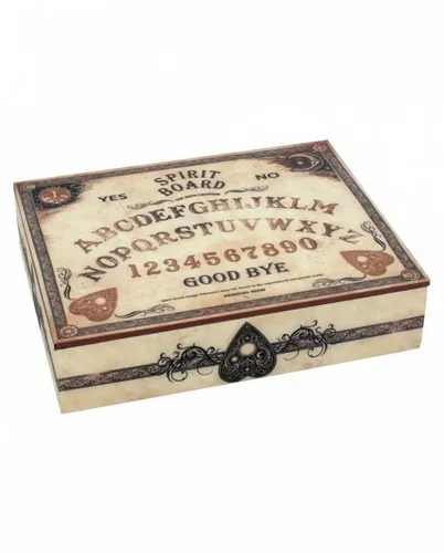 Horror-Shop Ouija Brett Schmuckkästchen - Dekofigur im Spirit Board Design, 25 cm großes Schmuckkästchen mit neun Fächern und Spiegel, ideal für Gothic Schmuck und als mystisches Wohnaccessoire.