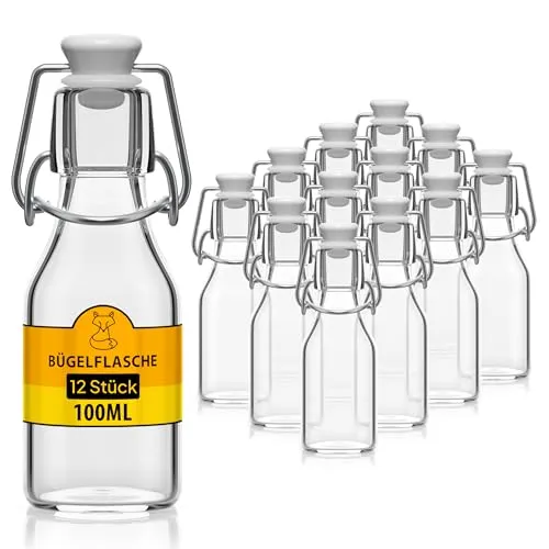 Flaschen-Fuchs Vorratsglas 100ml - 12er Set Bügelverschluss - Vorratsgläser für Liköre und Sirups, mit vormontierten Bügelverschlüssen für luftdichte Versiegelung und einfache Reinigung. Ideal für kreative Abfüllungen und nachhaltige Aufbewahrung.