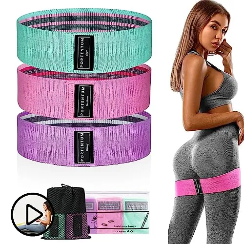 PORTENTUM Resistance Bands, Fitnessbänder Set Yogagurt in 3 Zugkraftstärken Trainingsband Yogaband ALS Widerstand und Unterstützung fürs Beintraining, Video mit enthaltenen Übungen, Rosa, Grün, Lila