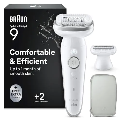 Braun Epilierer Damen Silk·épil 9, Ladyshaver, Wasserdicht, 9-041, Silber | mit Schwenkbarem Kopf für Eine Einfache Haarentfernung, Langanhaltend Glatte Haut, Inkl. Rasieraufsatz Und Trimmeraufsatz