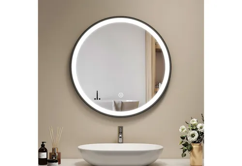 EMKE Badspiegel mit Beleuchtung Rund Badezimmerspiegel schwarzem Rahmen (50-80cm, Touchschalter), Dimmbar Warmweißes/Kaltweißes/Neutrales Licht, IP44