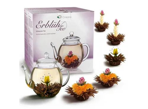Creano Teeblumen Mix - Geschenkset Erblühtee mit Glaskanne - Teeset mit 6 handgebundenen Teerosen in 3 Sorten, inklusive hitzebeständiger Glaskanne (0,5l) - ideal für Teeliebhaber und perfekt zum Verschenken.