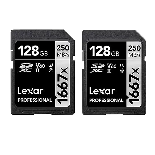 Lexar Professional 1667x SD Karte 128GB 2er-Pack, Speicherkarte SDXC UHS-II, Bis zu 250 MB/s Lesen, Class 10, U3, V60, SD für Professionelle Fotografen, Videofilmer, Enthusiasten (LSD1667128G-B2NAA)