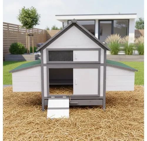 Feel2Home Hühnerstall Weiß mit 2 Eiablagen – Komfort für Ihre Hühner - XXL Hühnerstall in Weiß/Grau für bis zu 4 Nistplätze. Robustes Design und einfache Reinigung sorgen für eine ideale Umgebung. Perfekt für Hühnerhaltung und den Einstieg in die Tierpflege.