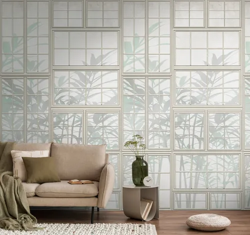 living walls Fototapete THE WALL III - Floral Blattmuster - Fototapete mit elegantem Blattmuster in beige, grün und weiß; ideal für Schlafzimmer, Küche oder Wohnzimmer, leicht zu verarbeiten und rückstandslos abziehbar.