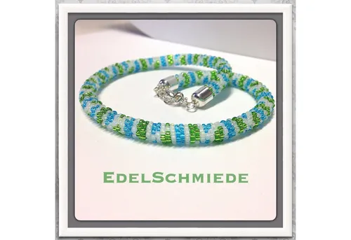 Edelschmiede925 Kette ohne Anhänger Häkelkette, Grün, Blau und Weiß matt, 925/-