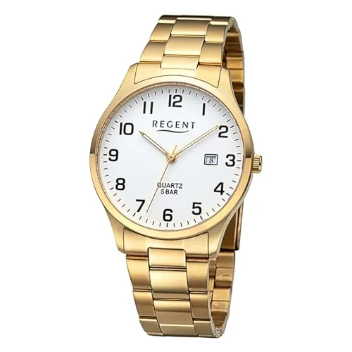 REGENT Herrenuhr Stahl IPG vergoldet 39mm 5 Bar Datum Mineralglas F-1418