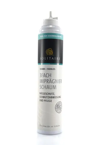 Solitaire Water Protect Foam - PFC-freie Schuhimprägnierung - Schuhpflegemittel für Leder, Textilien und High-Tech-Materialien. Der feine Schaum schützt ohne Sprühnebel und erhält die Atmungsaktivität, ideal auch für TEX-Membranen.