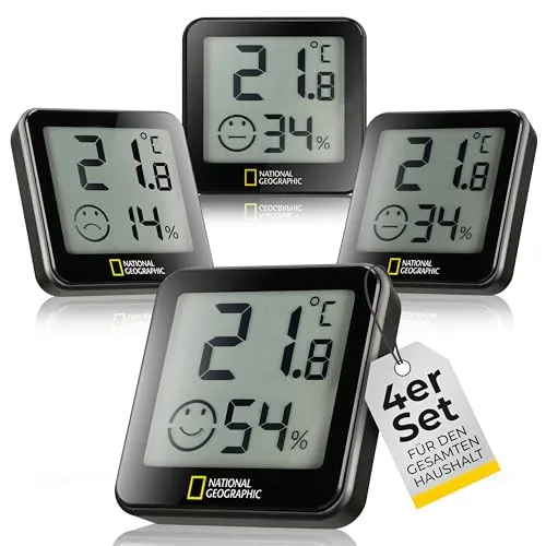 NATIONAL GEOGRAPHIC Thermo Hygrometer 4er Set - Hygrometer: Präzise Raumklimaüberwachung für optimale Luftfeuchtigkeit und Temperatur, ideal gegen trockene Raumluft und Schimmelbildung.
