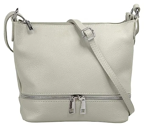 Cluty Umhängetasche Damen 020960 grau - Elegante Damen Leder Umhängetasche mit glänzenden Reißverschlussdetails. Praktische Fächer für Schlüssel, Geldbörsen und Dokumente. Ideal für stilbewusste Frauen, die Funktionalität schätzen.