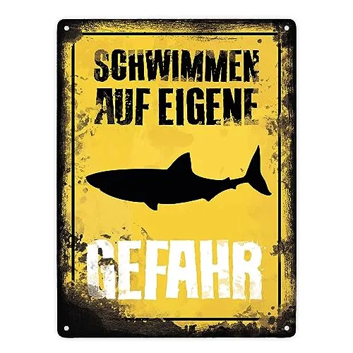 Schwimmen auf eigene Gefahr Metallschild XXL in 28x38 cm für den Pool mit Hai lustiges Blechschild als Pooldekoration für zuhause oder um ungebetene Badegäste abzuschrecken