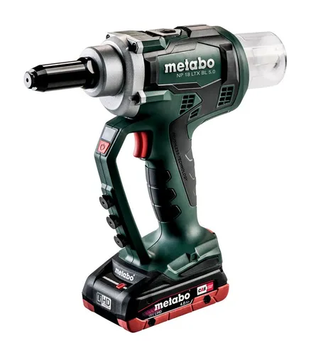 Metabo NP 18 LTX BL 5.0 Akku-Blindnietpistole - Akku-Blindnietgeräte, leistungsstark mit 2 x 4 Ah LiHD Akkus für kabellosen Einsatz und hohe Effizienz in der Werkstatt.