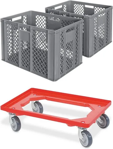 BRB-Lagertechnik Stapelbox 2x Eurobehälter/Bäckerkiste, LxBxH 600x400x410 mm + Transportroller, Stoßfest, robust und formstabil