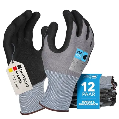 PRO FIT Nitrilschaum-Arbeitshandschuh 12er Pack - OEKO-TEX Standard 100, ergonomisch und touchscreensfähig für hohen Tragekomfort und Vielseitigkeit