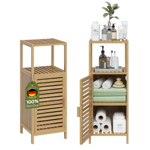 Bellamio Badschrank Newa mit 4 Ablagen - Unterschrank fürs Bad, aus hochwertigem Bambus, ideal für kleine Badezimmer mit natürlicher Lackierung und viel Stauraum.