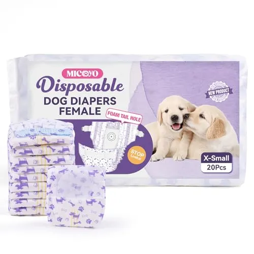 MICOOYO Einweg Hundewindeln für Hündinnen, Hundewindeln mit Einstellbare Schwanzöffnung, Windeln für Hündinnen Katzen Weiblich mit Nässeindikator(XS, 20 Stück)
