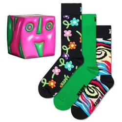Happy Socks Freizeitsocken 3-Pack Hyper Cube Socks - Socken-Set mit bunten Designs: Ballonblumen, Streifen und grün! Ideal für alle, die Spaß an Farben haben. Hoher Baumwollanteil für besten Tragekomfort.
