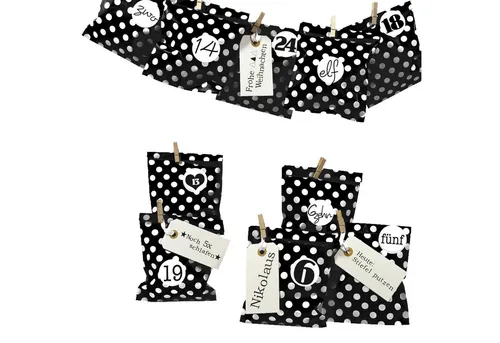 Frau WUNDERVoll befüllbarer Adventskalender Adventskalender Papiertüten schwarz Punkte, Ziffern schwarz-weiß