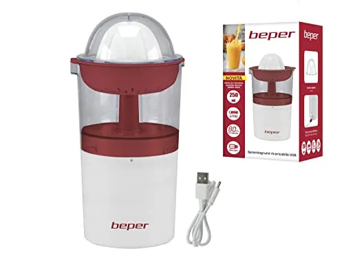BEPER P102EST100 Zitronenpresse, Elektrischer Entsafter, wiederaufladbare Saftpresse, 250 ML, 20W, USB Kabel, Rot/Weiß