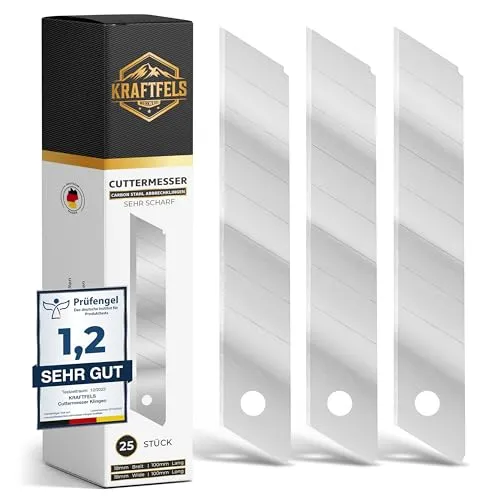 KRAFTFELS 25x Cuttermesser Klingen 18mm SK5 - Teppichmesser Klingen Cuttermesser aus hochwertigem Carbonstahl - Gehärtet & ultra scharf - Abbrechklingen 18mm für Cutter Messer - Ersatzklingen Cutter