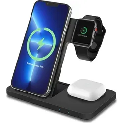 MMOBIEL Ladestation für iPhone, Apple Watch und AirPods - 3-in-1 Kabelloses Ladegerät, 18W Leistung und blitzschnelles Laden in elegantem Schwarz