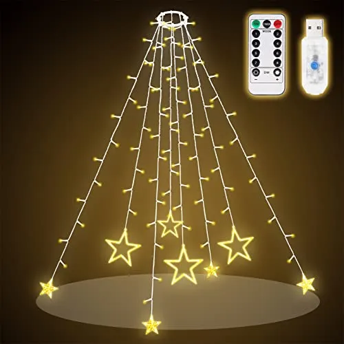 SALCAR 1,5m Christbaumbeleuchtung mit Ring, Sterne Lichterkette Weihnachtsbaum mit Fernbedienung und 9 Modi, Tannenbaum Überwurflichterkette, Warmweiß LED
