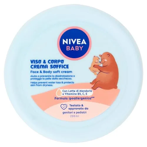 Produktbild NIVEA Baby, Gesichts- & Körpercreme, weich, 200 ml, feuchtigkeitsspendende und pflegende Baby-Körpercreme, Gesichtscreme für Neugeborene mit Mandelmilch und Vitaminen, Baby-Körpercreme gegen