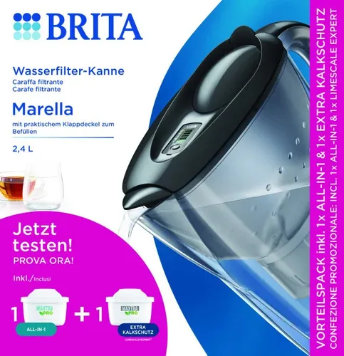 BRITA Marella Wasserfilter Graphit mit Maxtra Pro Kartusche - Wasserfilter für reines Trinkwasser, inklusive Kalkschutz und elektronischer Kartuschenwechselanzeige – ideal für bessere Wasserqualität und Schutz Ihrer Küchengeräte.