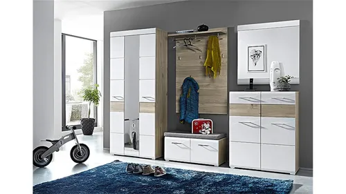 Garderobenset Funny Garderobe Schrank Paneel Spiegel weiß Struktur Silbereiche - Modernes Garderobenset in Weiß mit Spiegel, ideal für Flur und Diele, sorgt für Ordnung und Stil in Ihrem Eingangsbereich.