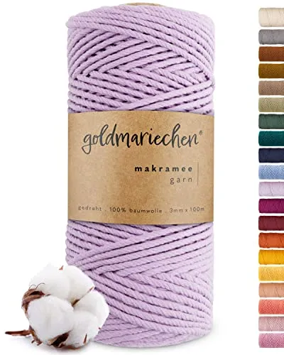 goldmariechen Premium Makramee Garn (Lavendel) | 3mm x 100m | 100% Baumwolle | plastikfreie Verpackung | Makramee Baumwollgarn für DIY Handwerk