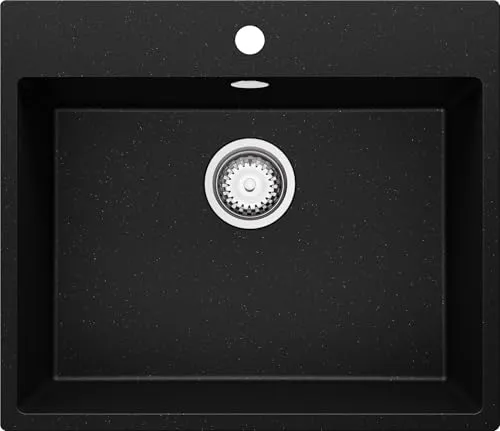 PRIMAGRAN Spülbecken Schwarz Metallic 58x50cm, Granitspüle 1 Becken + Ablauf-Set, Küchenspüle ab 60er Unterschrank - Riga S175
