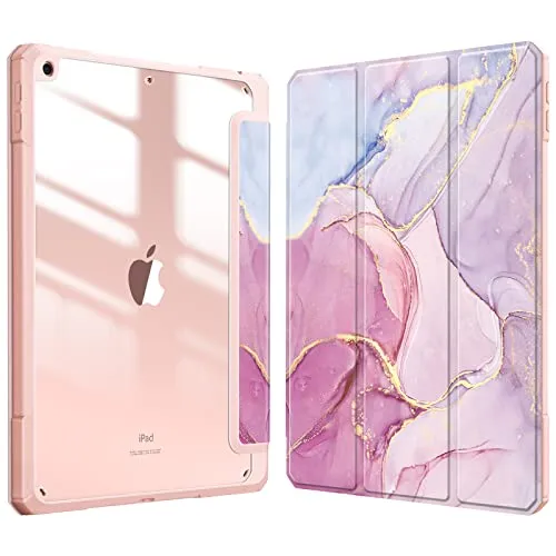 Fintie Hybrid Hülle für 10.2 Zoll iPad 9. Generation 2021/8. Gen 2020/7. Gen 2019 mit Stifthalter - Stoßfeste Schutzhülle mit transparenter Hartschale auf der Rückseite, Rosa Marmor