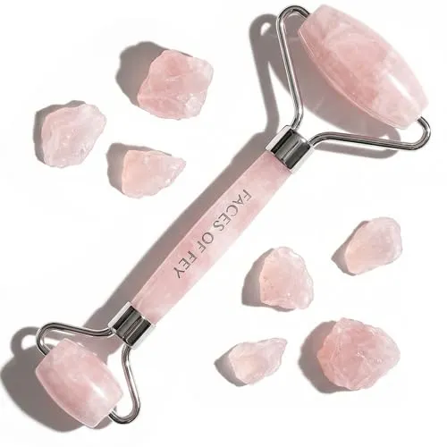 Rosenquarzroller FACES OF FEY – Premium Gesichtsroller - Massagesteine für eine wohltuende Gesichts- und Körpermassage, aus 100% echtem Rosenquarz zur Förderung der Durchblutung und für einen strahlenden Teint.