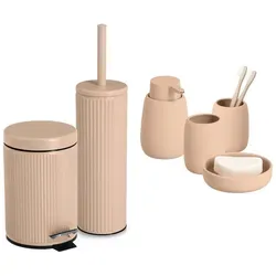 Zeller Present Badaccessoires Set, Altrosa, Keramik - Elegantes 6-teiliges Badaccessoire-Set aus hochwertiger Keramik in Mandel. Ideal für stilvolle Badezimmergestaltung, inklusive Seifenspender, Zahnputzbechern und mehr für eine praktische und ansprechende Nutzung.