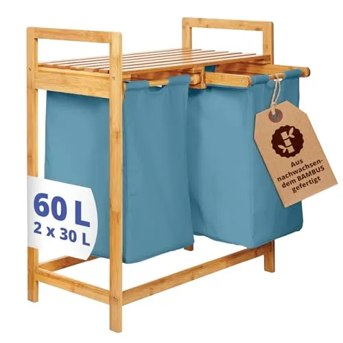 Lumaland Ausziehwäschekorb Bambus mit 2 Wäschesäcken - Wäschekörbe aus nachwachsendem Bambus, pflegeleicht mit wasserdichtem Innenteil und zusätzlicher Ablagefläche für mehr Komfort.
