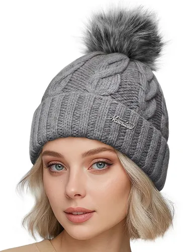 Neverless Strickmütze Damen Strickmütze mit Fleecefutter und Kunstfell Bommel Zopfmuster