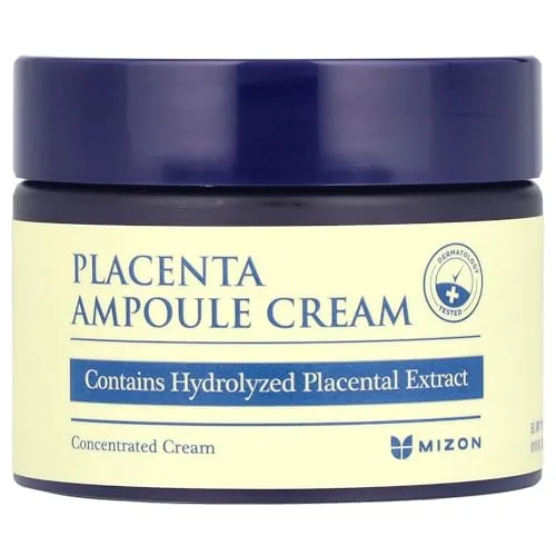 Mizon Placenta Ampoule Cream 50ml - Gesichtscremes mit 1500 mg Plazentaextrakt für intensive Feuchtigkeit und Hautverjüngung. Die leichte Textur zieht schnell ein, verbessert die Elastizität und reduziert Falten für einen strahlenden Teint.