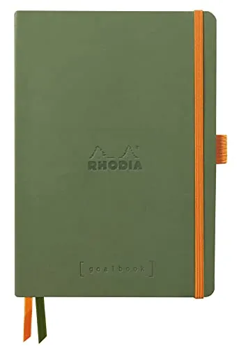 Rhodia 117804C - Notizheft Softcover Rhodiarama Goalbook DIN A5 (14,8x21 cm), 120 Blatt, DOT, Clairefontaine Papier Elfenbein 90g, 2 Lesezeichenbänder, Cover aus Kunstleder Salbei, 1 Stück
