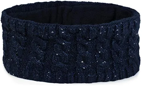 styleBREAKER Damen Strick Stirnband mit Zopfmuster und Pailletten, Fleece Futter, Haarband, Thermo Winter Headband 04026028, Farbe:Dunkelblau