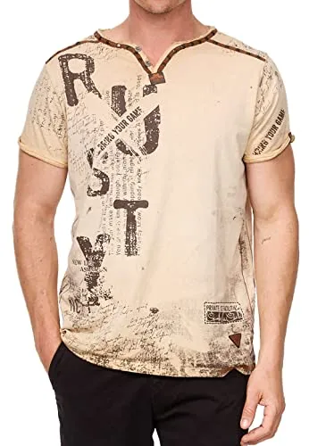 R-Neal T-Shirt Herren Weit-Geschnittener V-Neck T-Shirt mit Front und Back Print Verwaschen mit Knopfleiste und Wildleder-Details 289, Farbe:Beige, Größe:L