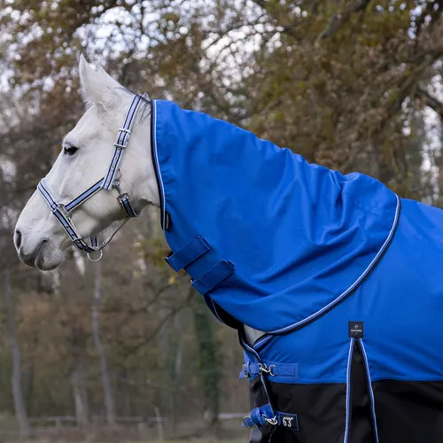 Equithème TYREX 1200 D Halsteil 200g - Blau/Schwarz - Regendecken für Pferde, wasserdicht und atmungsaktiv aus 1200 Denier Ripstop-Polyester, ideal für den Winter zum Schutz der Halsmuskulatur.