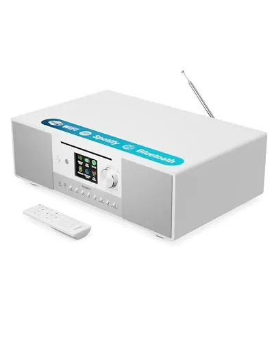 Internetradio mit CD Player & Bluetooth | 120W 2.1 Stereo DAB Radio mit Eingebauter Subwoofer | Internetradio WLAN mit Spotify Connect, Podcasts, FM | Farbdisplay | Majority Quadriga Internet Radio